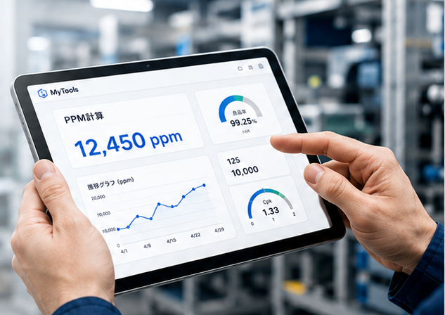 製造現場でタブレットからMyToolsの計算ツールを使う様子